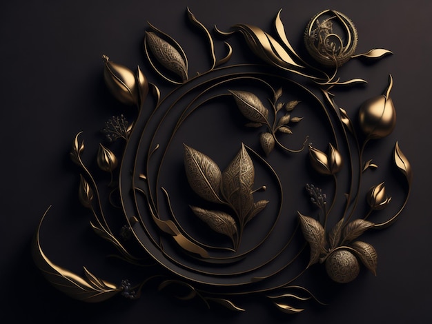 Rendu 3d fond noir avec des éléments d'or ornement floral Art numérique pour la décoration murale