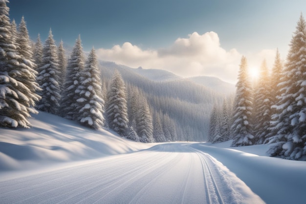 Rendu 3D d'un fond de paysage enneigé d'hiver
