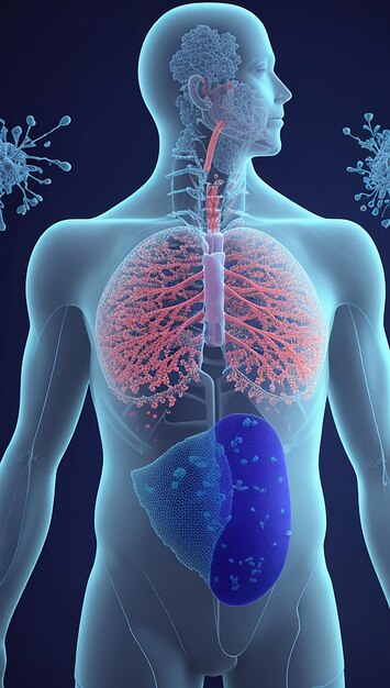 Rendu 3D d'une formation médicale avec figure masculine et poumons et cellules du virus Covid 19