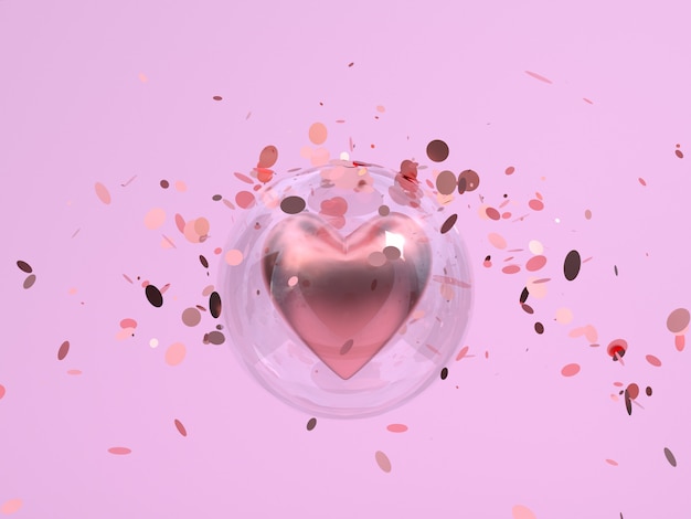 Rendu 3d forme de coeur côté sphère clair brillant amour rose surprise concept cadeau saint valentin