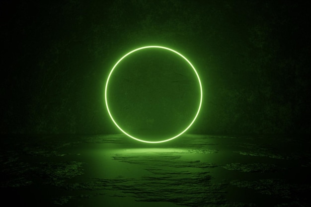 Photo rendu 3d de forme électrique verte de cercle laser rougeoyant au néon