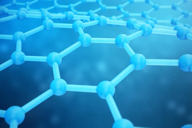 Rendu 3D forme géométrique hexagonale abstraite de la nanotechnologie en gros plan. Concept de structure atomique de graphène, structure de carbone.