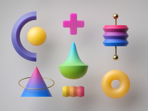 Photo rendu 3d, formes géométriques colorées abstraites. concept moderne minimal, collection d'éléments de conception assortis, jeu de puzzle, jouets dégradés au néon vibrant, style postmoderne