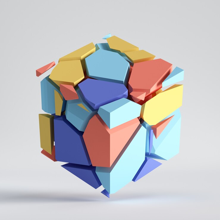 Photo rendu 3d, fragments colorés abstraits, cube cassé. éléments de mosaïque polygonale jaune rouge bleu.