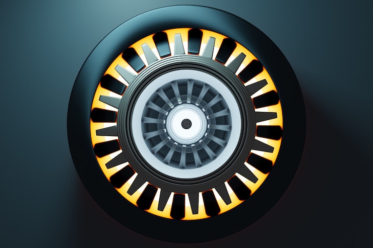 Photo rendu 3d de la future technologie de turbine de fusée à moteur sous la lumière. partie futuriste d'une turbine de vaisseau spatial