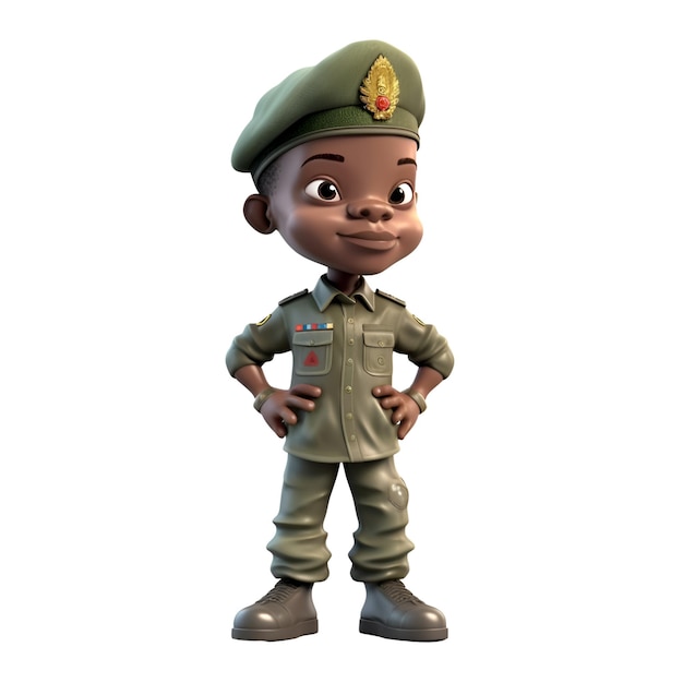 Rendu 3D d'un garçon afro-américain avec chapeau et uniforme de l'armée