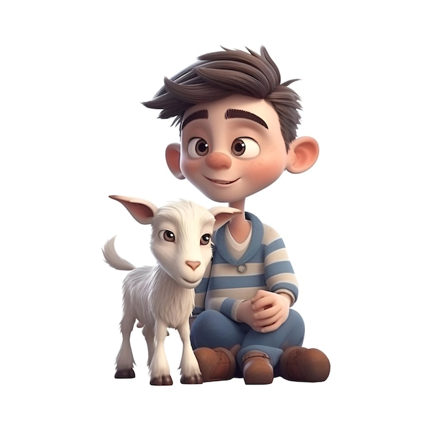 Rendu 3D d'un garçon de dessin animé mignon avec une chèvre sur fond blanc