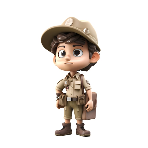Rendu 3D d'un garçon en tenue de safari isolé sur fond blanc