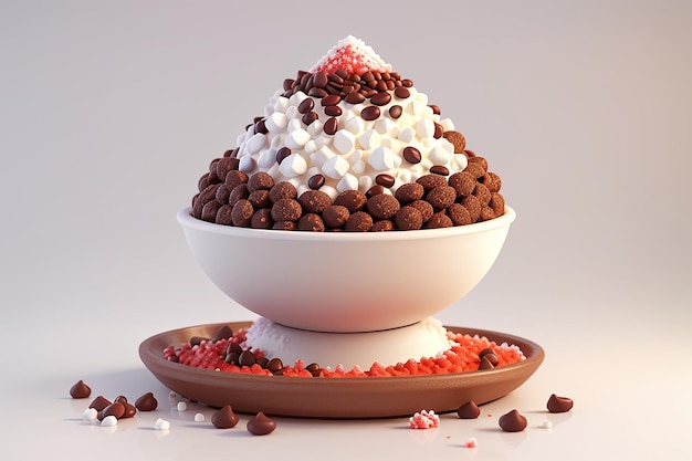 Rendu 3D de la garniture aux haricots rouges au chocolat bingsu glace pilée isolée sur un style de dessin animé de rendu 3D blanc