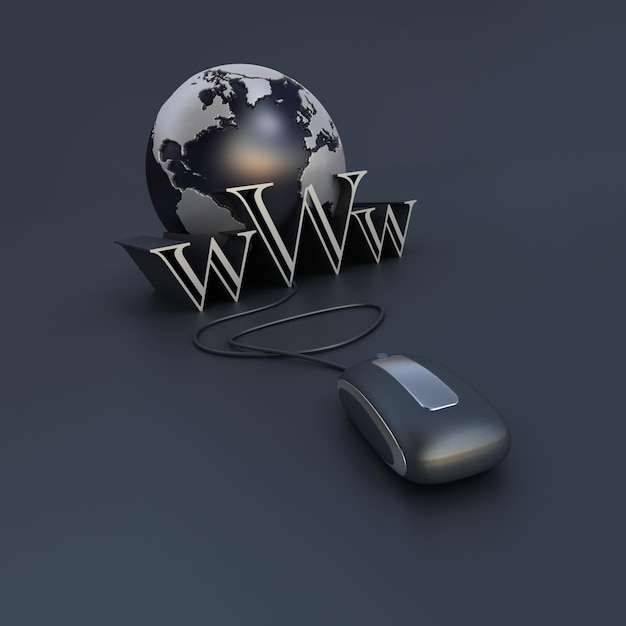 Rendu 3D d'un globe terrestre une souris d'ordinateur et le mot www dans des tons gris foncé et acier