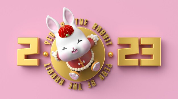 Photo rendu 3d golden nouvel an chinois 2022 nouvel an lunaire année du lapin