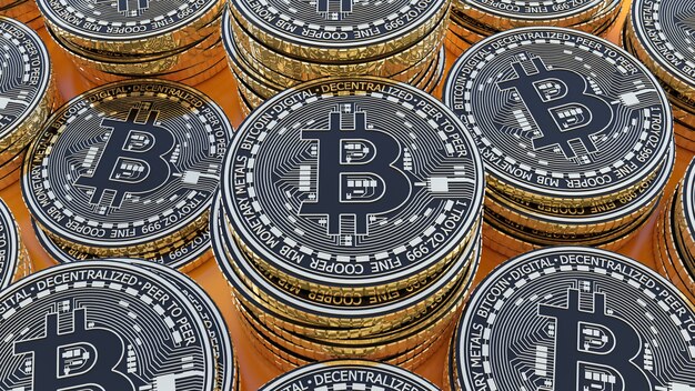 Le rendu 3D d'un grand nombre de pièces métalliques bitcoin or et noir sur fond orange