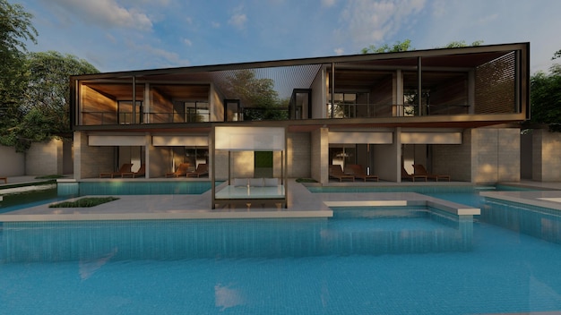 Rendu 3D d'une grande maison contemporaine moderne en bois et béton