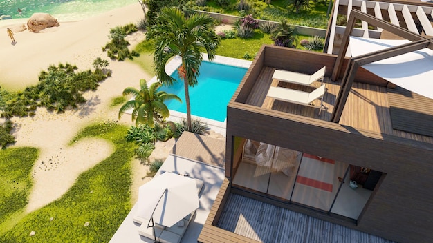 Rendu 3D d'une grande villa contemporaine en bois et béton avec jardin impressionnant et piscine en bord de plage