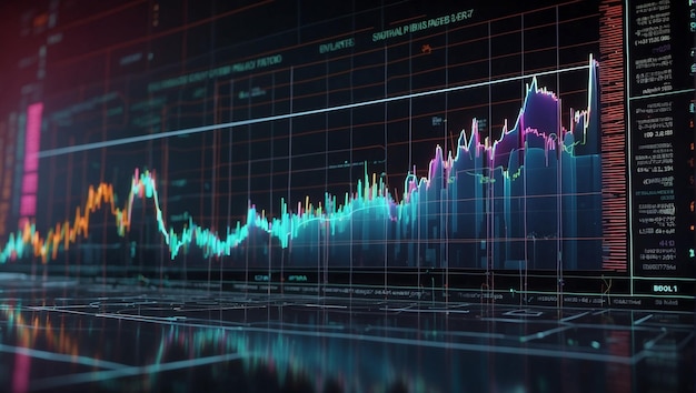 Un rendu 3D d'un graphique boursier avec des barres vertes et rouges