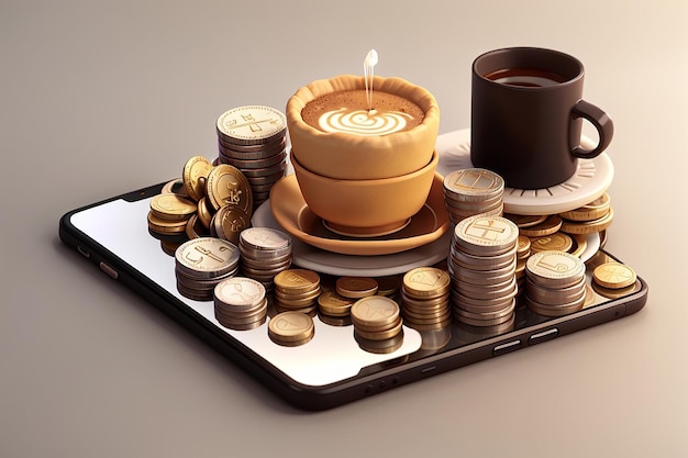 Rendu 3D d'un graphique à tarte, d'une pile de pièces, de tasses de café et d'une icône de maison sur un écran de smartphone