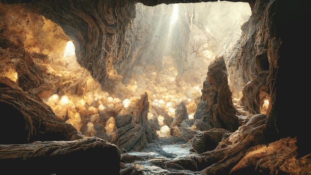 Rendu 3D d'une grotte avec une belle décoration en pierre naturelle