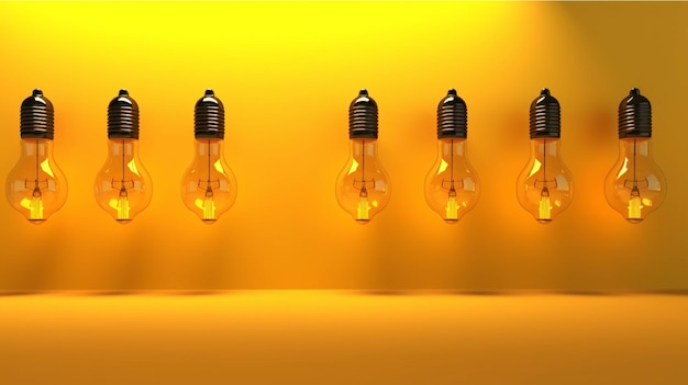 Rendu 3D d'un groupe d'ampoules électriques sur fond jaune