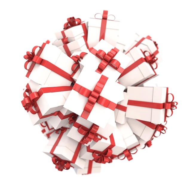 Rendu 3D d'un groupe de coffrets cadeaux blancs avec des arcs rouges sur fond neutre