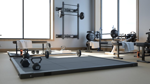 Rendu 3d Gymnase léger moderne Équipements sportifs dans la salle de gym Haltères de poids différents sur rack