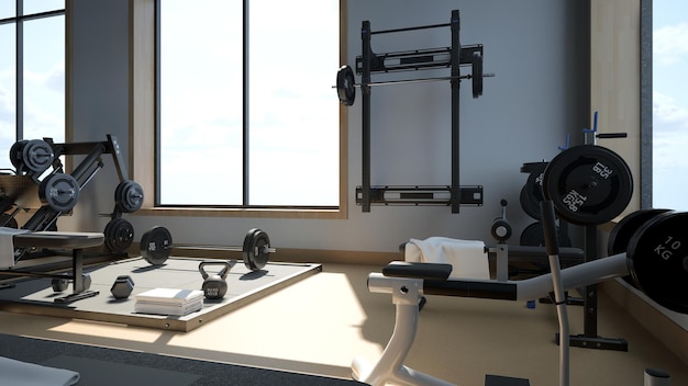 Rendu 3d Gymnase léger moderne Équipements sportifs dans la salle de gym Haltères de poids différents sur rack