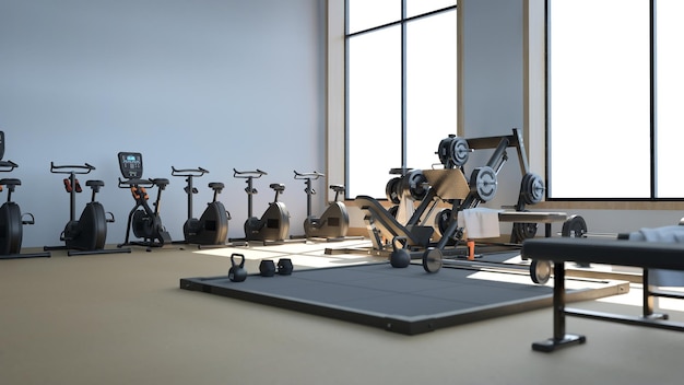 Rendu 3d Gymnase léger moderne Équipements sportifs dans la salle de gym Haltères de poids différents sur rack