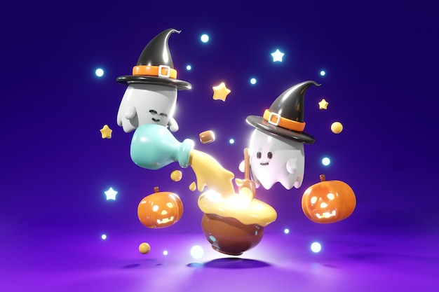 Photo rendu 3d halloween citrouille fantôme mignon et pot de poison sur fond style de dessin animé de rendu 3d