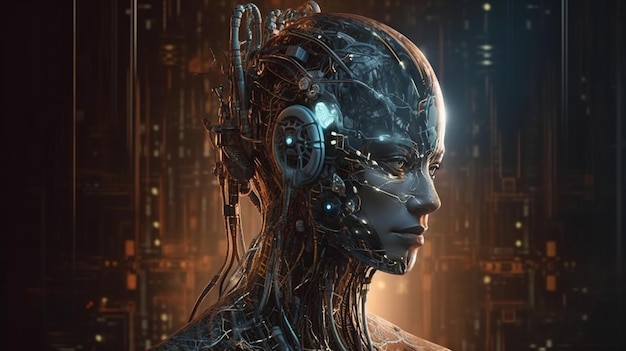 Rendu 3D d'hologramme filaire de visage cyborg dans l'intelligence artificielle et le concept d'apprentissage automatique