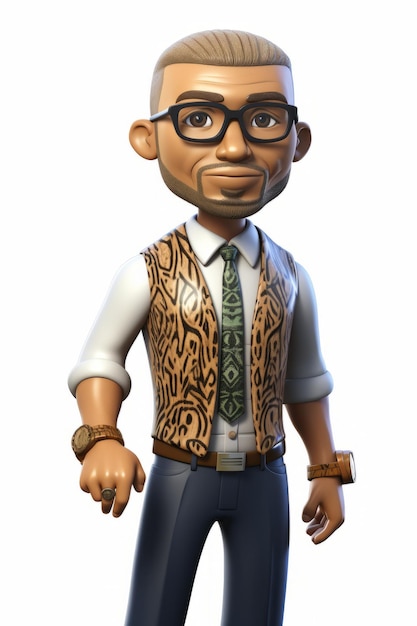 Un rendu 3D d'un homme portant une chemise blanche, une veste brune et des lunettes