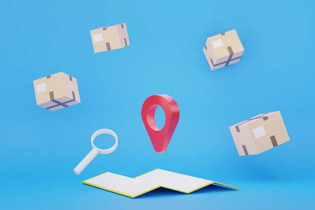 Rendu 3D de l'icône de la marque de localisation GPS et de l'entourage de la carte avec une boîte à colis en carton flottante