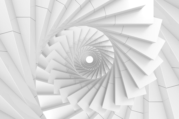 Rendu 3D. illusion décoration art de fond d'escaliers en spirale blanc.