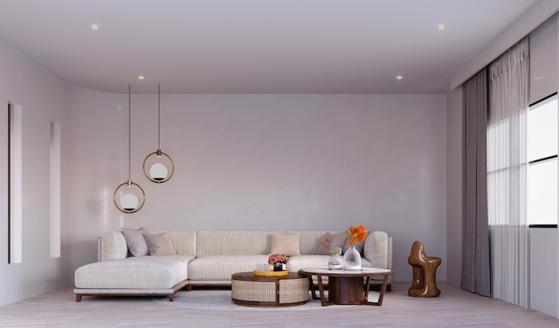 Rendu 3d Illustration 3d Scène d'intérieur et concepteur de meubles Mockup rendu modèle 3D canapé salon