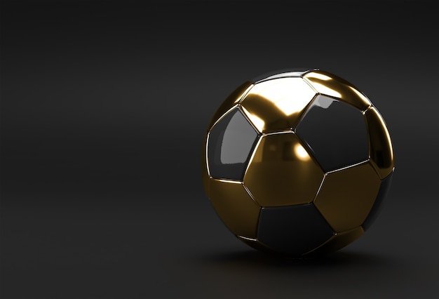 Rendu 3D Illustration de football d'or, ballon de soccer avec fond noir