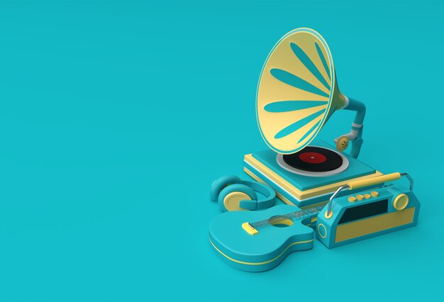 Rendu 3D illustration de Gramophone sur fond de couleur