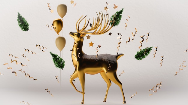 Rendu 3D, illustration numérique, artisanat en papier blanc plat, renne, sapin, couches, cerf, carte de voeux de Noël, arbre blanc, décoration ronde, fond rouge