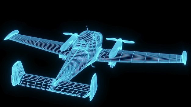 Rendu 3D illustration plan d'avion hologramme néon brillant technologie de spectacle futuriste secur