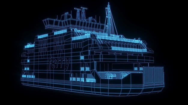 Rendu 3D illustration plan de navire brillant néon hologramme spectacle futuriste sécurité technologique