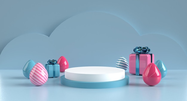 Rendu 3D Illustration de la scène d'affichage du produit de Pâques thème bleu et rose