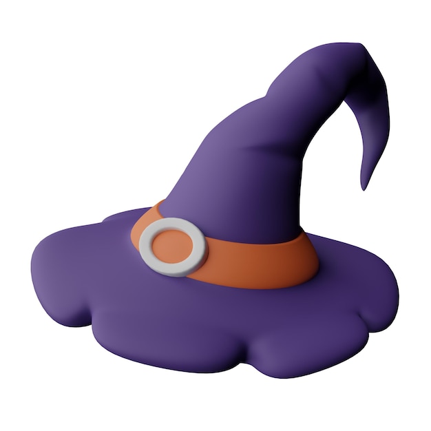 Rendu 3d illustration style dessin animé horreur effrayant chapeau de sorcière violet, ornement décoratif halloween