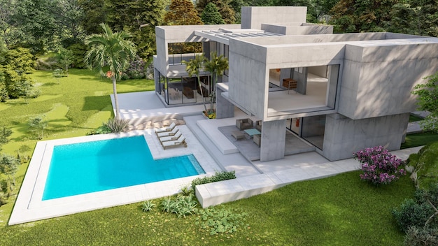 Rendu 3D d'une impressionnante villa contemporaine en ciment apparent avec jardin et piscine