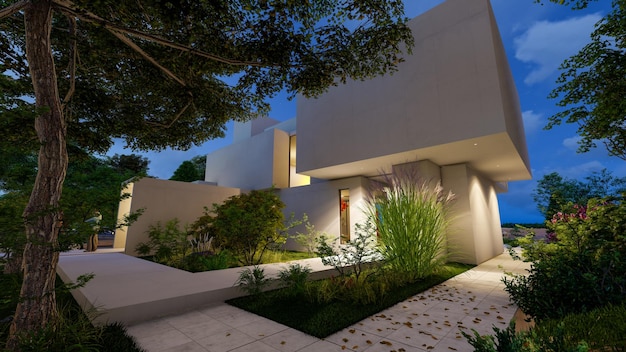 Rendu 3d D'une Impressionnante Villa Contemporaine Avec Jardin Luxuriant Au Crépuscule