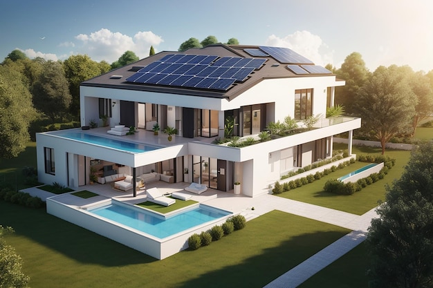 Rendu 3D d'une impressionnante villa moderne avec vue aérienne de panneaux solaires