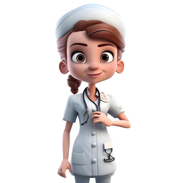 Rendu 3D d'infirmière de dessin animé avec stéthoscope et fond blanc