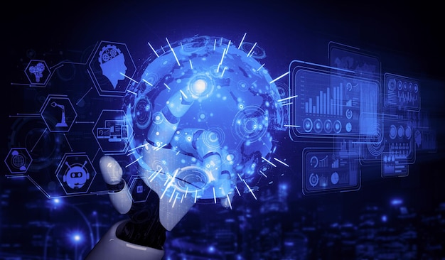 Rendu 3D Intelligence artificielle Recherche par l'IA sur le développement de robots et de cyborgs pour l'avenir des personnes vivantes Conception de technologies d'exploration de données numériques et d'apprentissage automatique pour le cerveau informatique