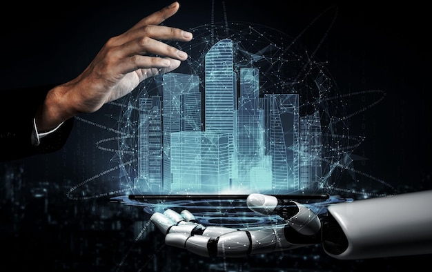 Rendu 3D Intelligence artificielle Recherche par l'IA sur le développement de robots et de cyborgs pour l'avenir des personnes vivantes Conception de technologies d'exploration de données numériques et d'apprentissage automatique pour le cerveau informatique