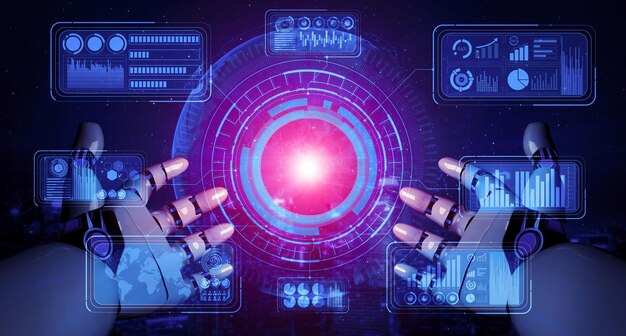 Rendu 3D Intelligence artificielle Recherche par l'IA sur le développement de robots et de cyborgs pour l'avenir des personnes vivantes Conception de technologies d'exploration de données numériques et d'apprentissage automatique pour le cerveau informatique