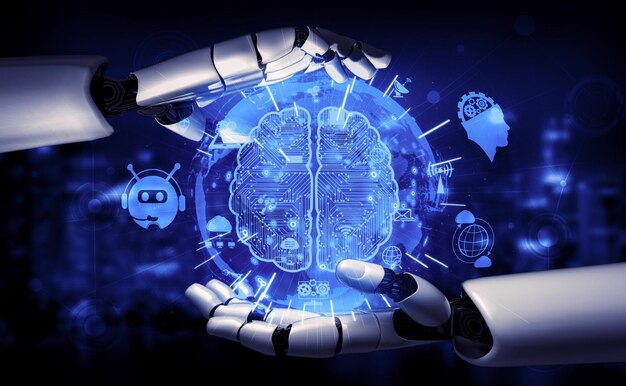 Rendu 3D Intelligence artificielle Recherche par l'IA sur le développement de robots et de cyborgs pour l'avenir des personnes vivantes Conception de technologies d'exploration de données numériques et d'apprentissage automatique pour le cerveau informatique