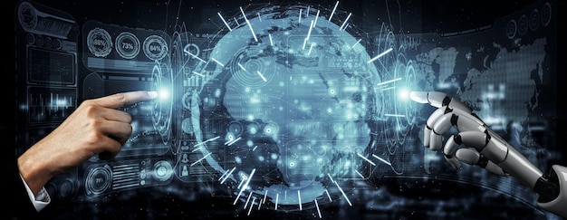 Rendu 3D Intelligence artificielle Recherche par l'IA sur le développement de robots et de cyborgs pour l'avenir des personnes vivantes Conception de technologies d'exploration de données numériques et d'apprentissage automatique pour le cerveau informatique