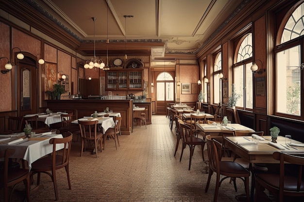 Rendu 3D d'un intérieur de café vintage avec beaucoup de meubles Vue intérieure d'un grand restaurant de style français sans clients Généré par l'IA