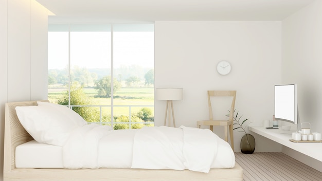 Le rendu 3d intérieur de la chambre d&#39;hôtel minimal et nature vue de fond